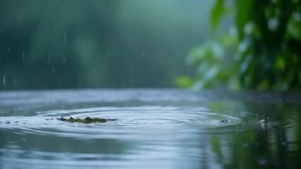 Raindrops falling on water surface with ripples and green foliage background in nature - Powered by Adobe