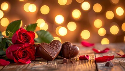 Two chocolate hearts, red roses, and petals rest on wood, bokeh lights shimmering softly in the background