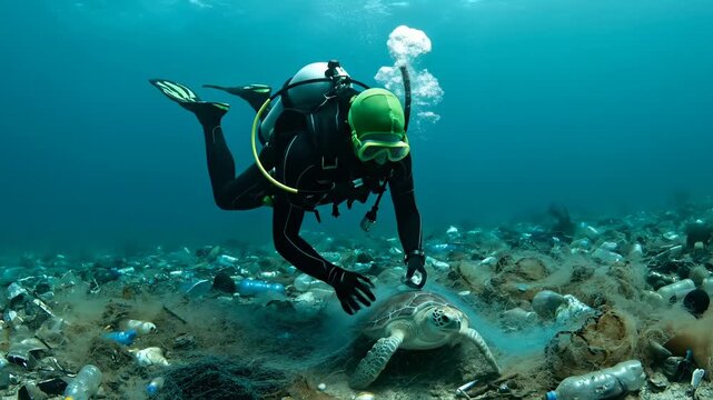 Scuba diver swims with turtle above plastic pollution on ocean floor. Diver encounters turtle among underwater trash. Turtle swims near diver and plastic. Scuba diving with turtle in polluted ocean.