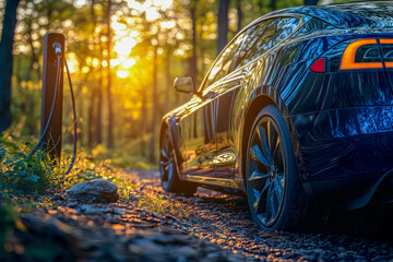 Electric vehicle charging in a scenic forest setting at sunset