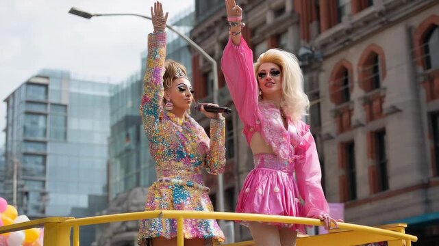 Drag queens in dazzling outfits celebrate at a vibrant parade with balloons and city buildings