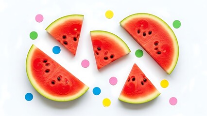 Sliced refreshing fruit wedges on a white surface, surrounded by colorful dot confetti