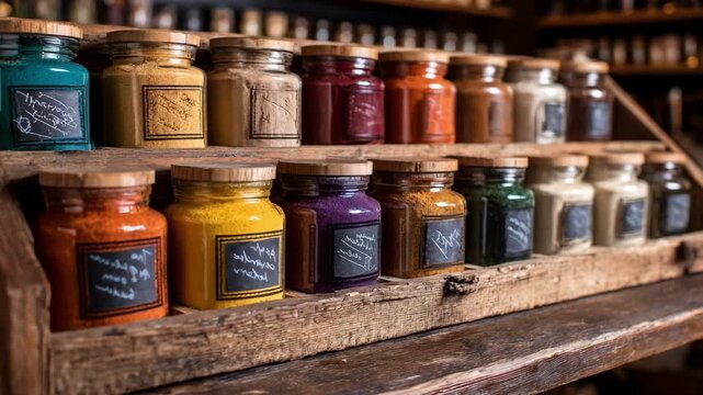Medium shot of a rustic wooden corner displaying a vibrant array of smoky and sweet barbecue seasoning mixes in colorful jars with handwritten labels.