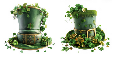 st patrick s day green top hats with shamrocks and gold coins on transparent background