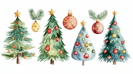 Watercolor Christmas tree and ornament set isolated on white background. Hand painted festive pine trees with stars and baubles. Winter holiday decoration collection