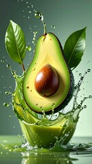 Sliced avocado mid-splash with green leaves, a smoothie, and reflections