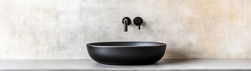 Matte Black Basin and Wall-Mounted Faucets on Textured Concrete Wall. Minimalist Bathroom Design, Contemporary Fixtures. ,minimalist,bathroom