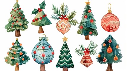 Set of watercolor Christmas trees and ornaments. Festive holiday decorations isolated on white background. Hand drawn winter elements for greeting card