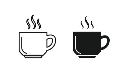 Obraz premium Black and white steaming coffee cup icons in line and solid styles for design use on various backgrounds