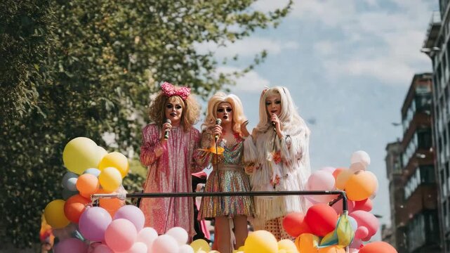 Drag queens perform on a float adorned with balloons during a vibrant Pride parade celebration