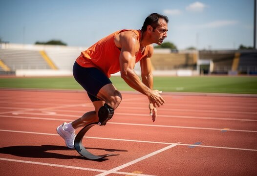 A determined athlete with a prosthetic leg sprints on a red track during a race. This image embodies perseverance, overcoming adversity, and athletic achievement. - Powered by Adobe