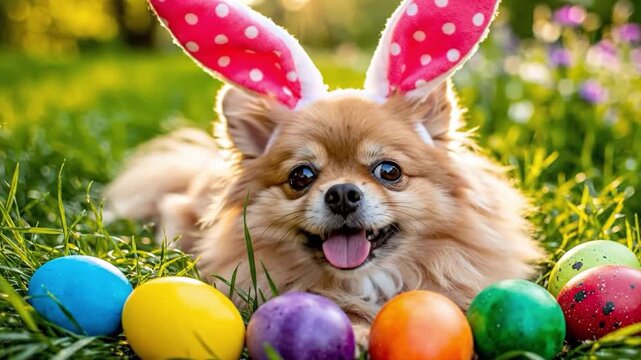 A small dog wearing bunny ears lies in grass with colorful easter eggs