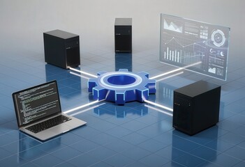 A laptop sits near servers and a holographic display in a modern, tech-filled space. This image represents digital infrastructure, data processing, and the future of technology.