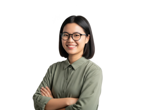 Smiling asian woman with glasses and arms crossed wearing green shirt isolated on transparent background - Powered by Adobe