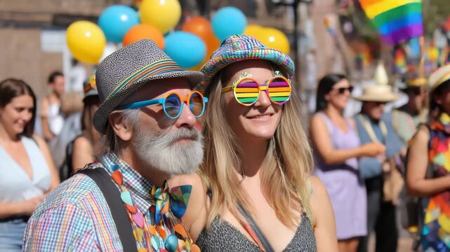 Diverse people celebrate pride with colorful outfits and rainbow accessories at a parade