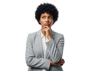 Thoughtful young woman with short curly hair and arms crossed wearing gray blazer isolated on transparent background