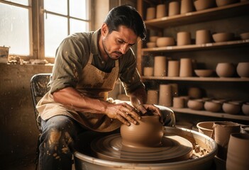 A potter shapes clay on a spinning wheel in a workshop filled with finished pottery. This image represents craftsmanship, artistry, and the creation of handmade goods.
