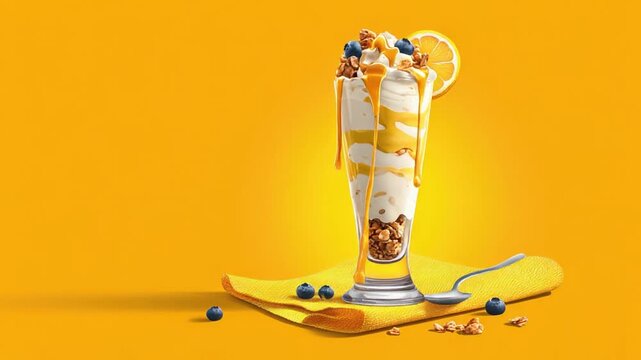 A tall glass parfait with cream, syrup, berries, nuts and orange slice on a yellow background