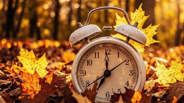 Vintage alarm clock surrounded by vibrant autumn leaves in forest
