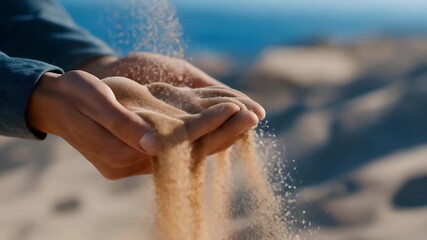 A cascade of sand grains slipping through fingers in slow motion, symbolizing time, change, and impermanence. cinematic color correction, natural uneven lighting yet gentle backlight, soft rich - Powered by Adobe