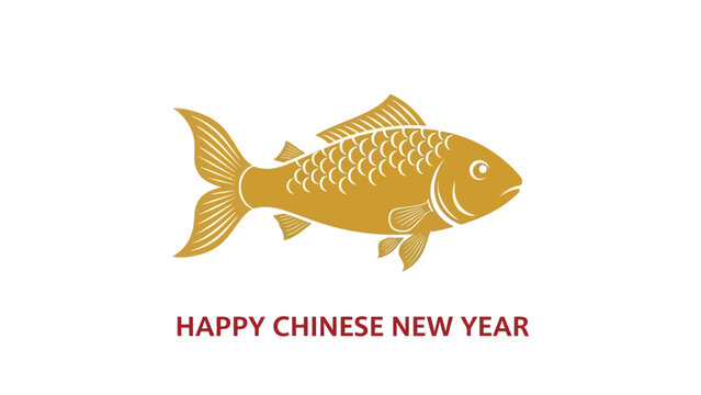 Golden fish illustration for chinese new year celebration with red greeting text on white background symbolizing prosperity and good fortune