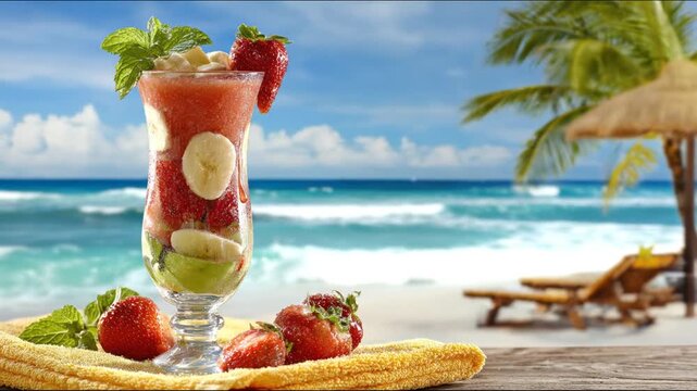 A fruity beach cocktail with strawberries, bananas, and apples, served on a yellow towel by the ocean