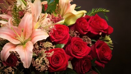 Elegant floral arrangement featuring lilies and roses against a dark background.