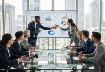 A diverse team of professionals discusses a presentation displayed on a screen during a meeting.
