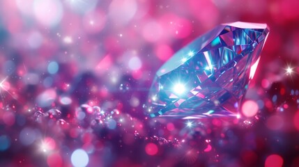 Close-up of a brilliant cut diamond with sparkling facets. Luxury gemstone on a vibrant pink and purple bokeh background