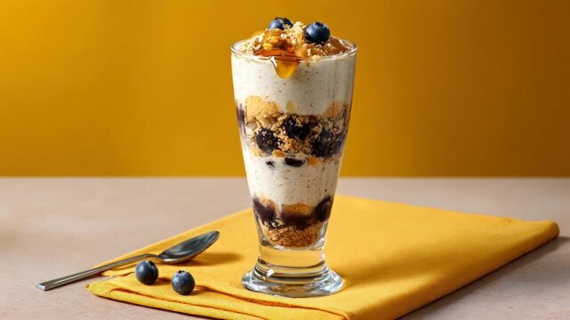 A parfait in a glass, with layers of various ingredients and a drizzle of syrup