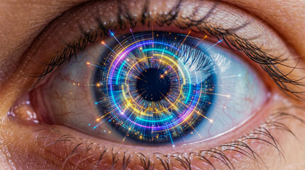 Futuristic cybernetic eye showing AI powered digital iris data rings biometric scanning technology and human machine vision concept future interface AI. generative ai 