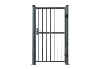 Tall metal security gate with vertical bars and a rectangular frame, industrial gray finish with visible hinges and side posts, sturdy construction details, isolated on transparent background.

