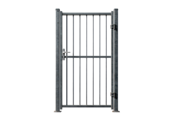 Tall metal security gate with vertical bars and a rectangular frame, industrial gray finish with visible hinges and side posts, sturdy construction details, isolated on transparent background.
