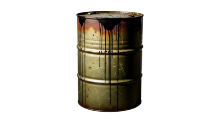 Grungy green metal barrel with black liquid drips, isolated