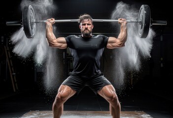 A muscular man performs a barbell squat in a gym, surrounded by chalk dust. This image embodies strength, fitness, and the dedication required for athletic achievement.