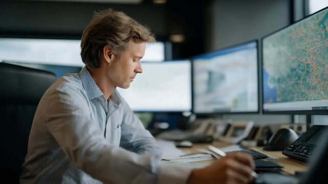 A global logistics control room monitoring real-time shipment routes across multiple continents, giant digital maps showing cargo delays, customs statuses, and weather disruptions. cinematic color