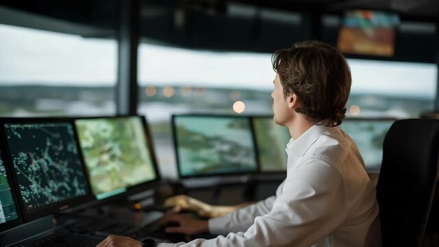 Air traffic controller monitoring multiple aircraft on a large radar screen inside a control tower, illustrating aviation safety, precision, and real-time decision making. cinematic color