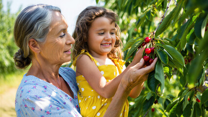 Grandmother and granddaughter picking cherries together in sunny orchard, sharing care, love, joy, passing traditions, building connection through nature, learning, affection, and meaningful time