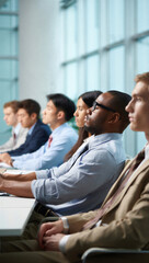 Obraz premium Professional conference audience in a bright office, diverse professionals at a long table, glass windows with natural light, focused expressions in formal attire, collaborative atmosphere
