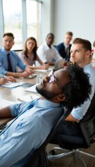 Fototapeta premium Tired employee asleep in meeting, colleagues observing around conference table, presentation paused, office staff in suits, workplace fatigue during training session, peers show concern