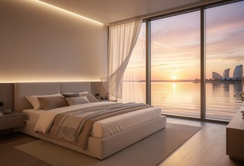 A luxurious bedroom features a large window overlooking a cityscape at sunset. This image conveys serenity, modern living, and a connection to nature within a sophisticated urban environment.