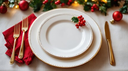 A beautifully arranged table setting showcases white plates with gold trim, red napkins, and pine greenery, perfect for festive gatherings