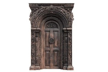 Tall ornate arched door with dark carved wood tones and intricate decorative patterning, traditional doorway craftsmanship with detailed panels and clean silhouette, isolated on transparent background