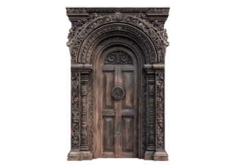 Tall ornate arched door with dark carved wood tones and intricate decorative patterning, traditional doorway craftsmanship with detailed panels and clean silhouette, isolated on transparent background
