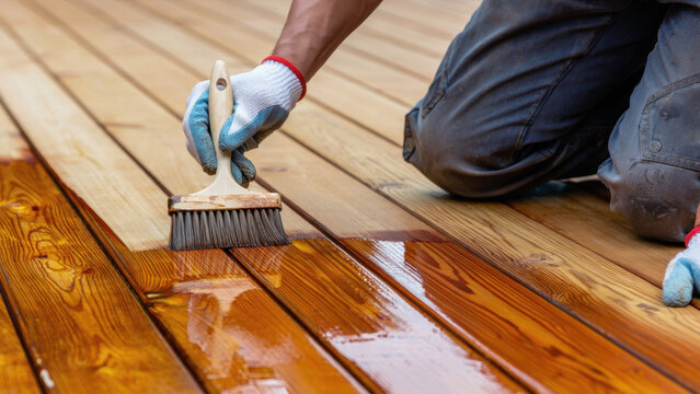 Wooden deck coated with clear varnish, hand applying glossy stain on timber planks, protective sealant for porch maintenance, renovation highlighting wood grain texture, wet gloss sheen