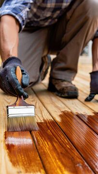 Worker staining wooden deck with brush, home renovation, surface treatment, outdoor maintenance, wood finishing, DIY improvement, craftsmanship, construction detail, protective coating