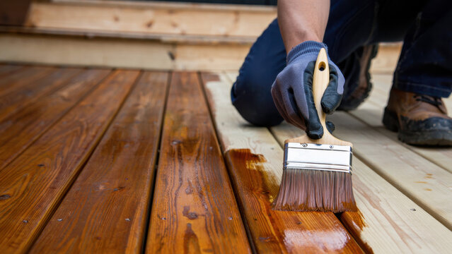 Wood deck staining process with a brush, home improvement, protective coating, wooden surface maintenance, outdoor decking renovation, applying varnish, house exterior carpentry work