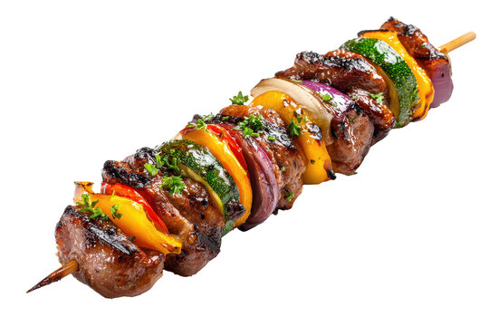 Single grilled kebab skewer with alternating vegetables and meat pieces, rich char marks and glossy roasted highlights, detailed textures and appetizing color contrast, isolated on transparent backgro