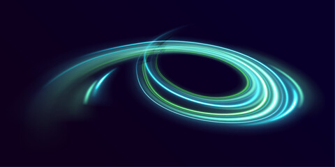 Futuristic green neon streaks ripple along city roads. Motion trails, glowing energy waves, and line swirls highlight speed and dynamic traffic movement. Vector illustration. © MEDUZA
