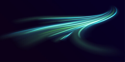 Neon green laser speed lines twist along a city highway. Glowing trail waves, energy swirls, and motion lines create futuristic traffic flow and dynamic visuals. Vector illustration PNG. © MEDUZA